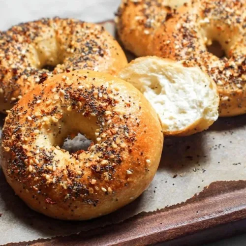 Homemade easy Greek yogurt bagels, ready for serving with toppings.