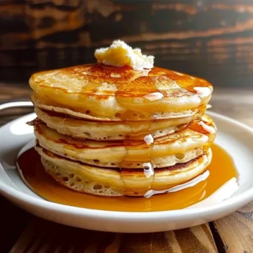 Stack of fluffy sourdough discard pancakes topped with syrup and berries