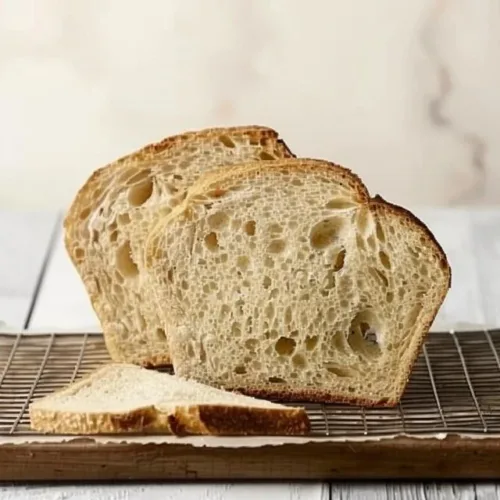 Loaf of easy sourdough sandwich bread sliced on a wooden board