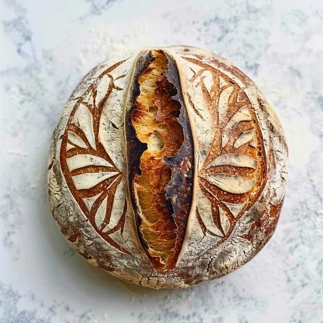 Close-up of scored sourdough bread showing artistic patterns on the crust.