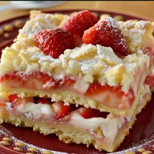 Easy strawberry shortcake bars topped with fresh strawberries and whipped cream.
