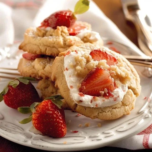 Plate of delicious easy strawberry shortcake cookies with fresh strawberries