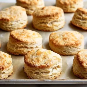 Buttery Flaky Sourdough Biscuits 3 Flaky sourdough biscuits fresh out of the oven, golden and fluffy.