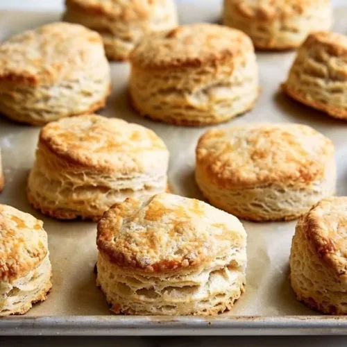 Flaky sourdough biscuits fresh out of the oven, golden and fluffy.
