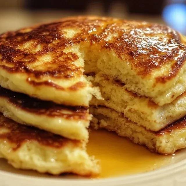Fluffy sourdough pancakes served with syrup and berries