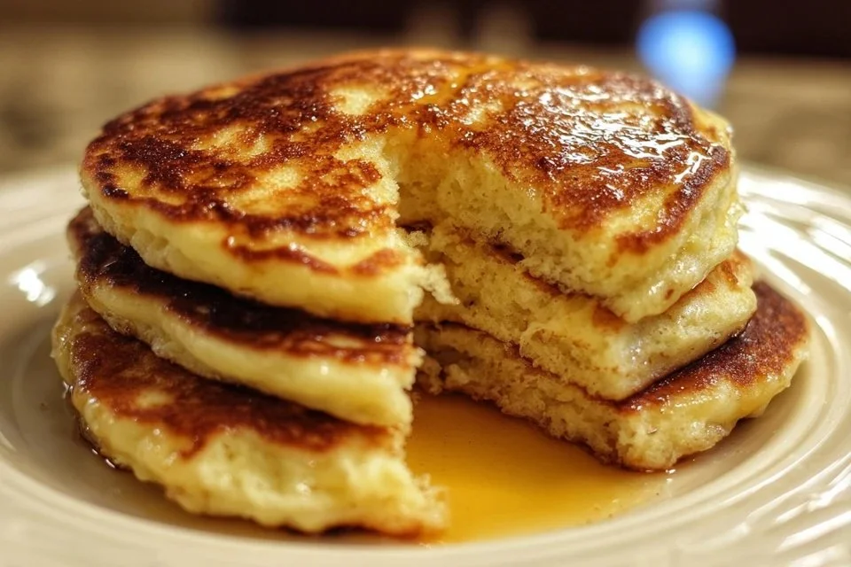 Fluffy sourdough pancakes served with syrup and berries