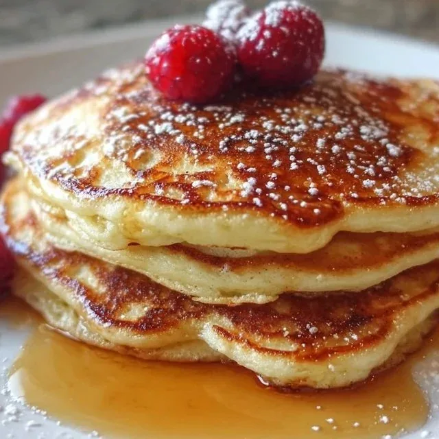 Fluffy sourdough pancakes made using starter discard served on a plate.