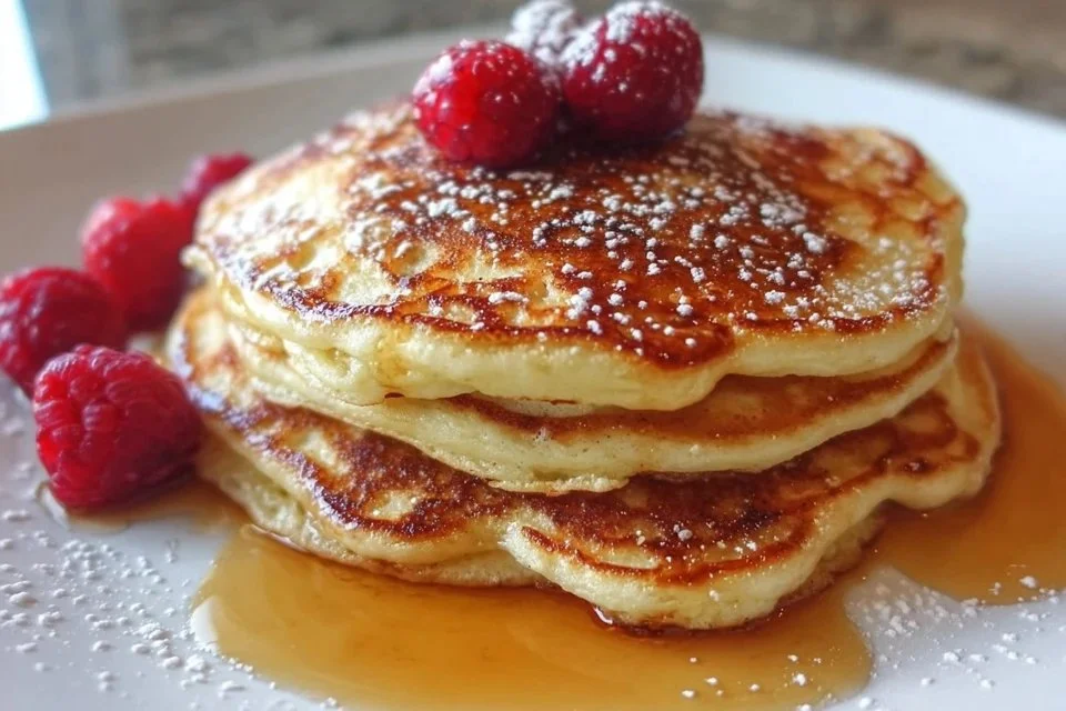 Fluffy sourdough pancakes made using starter discard served on a plate.