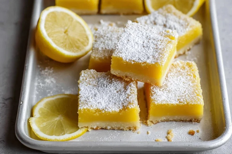 Delicious gluten-free lemon bars dusted with powdered sugar, served on a plate.