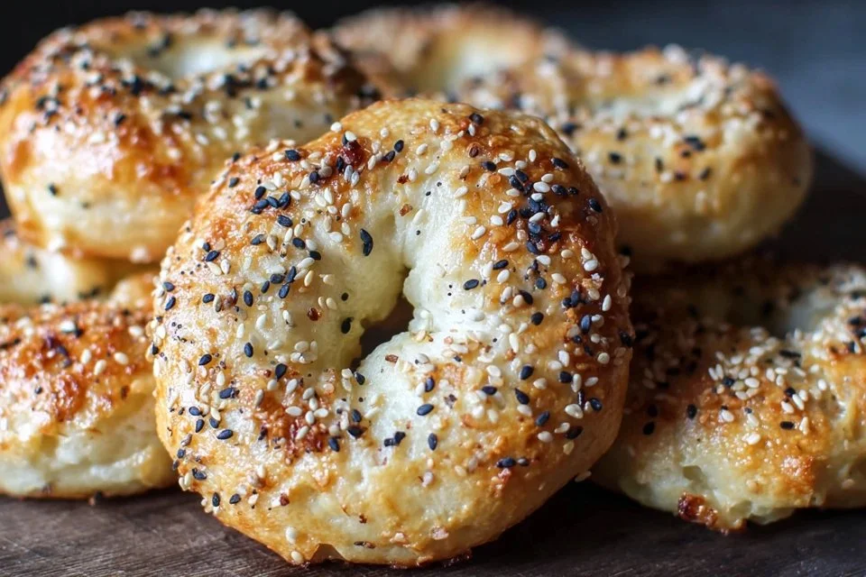 Homemade Greek Yogurt Bagels with no yeast on a wooden table
