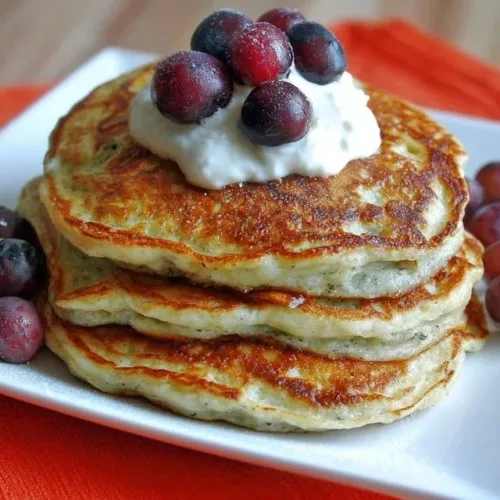 Fluffy Greek yogurt pancakes served with fresh berries and honey