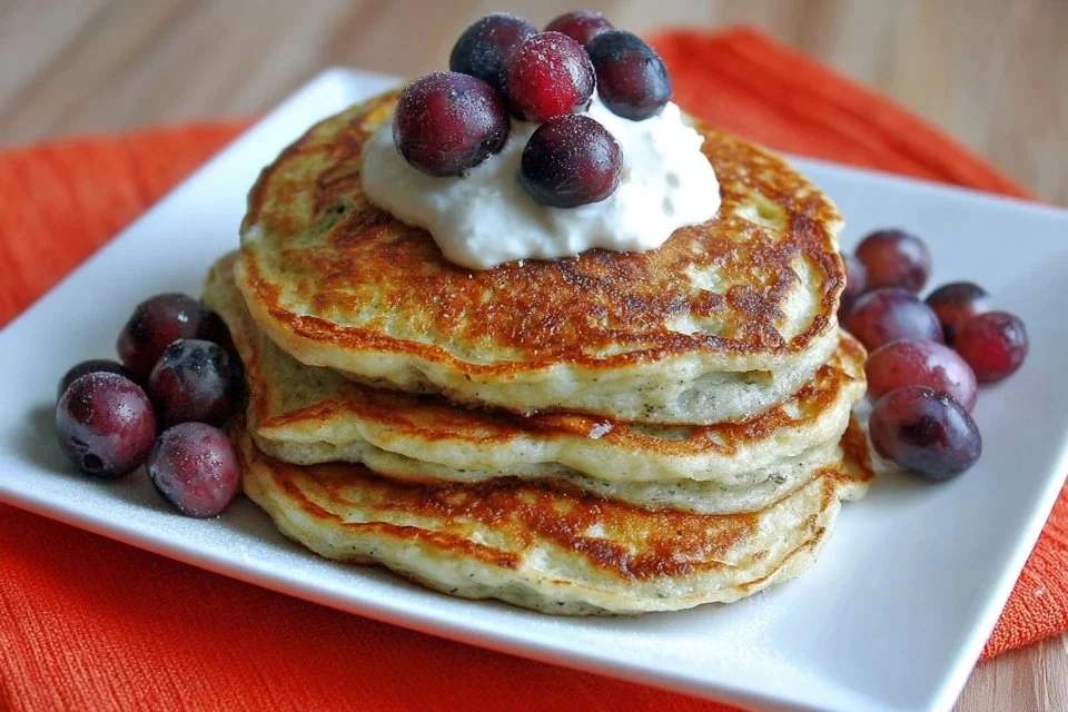 Fluffy Greek yogurt pancakes served with fresh berries and honey