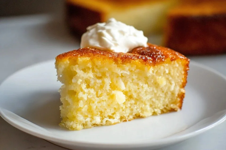 Healthy Greek Yogurt Cake with fresh fruit topping on a white plate.