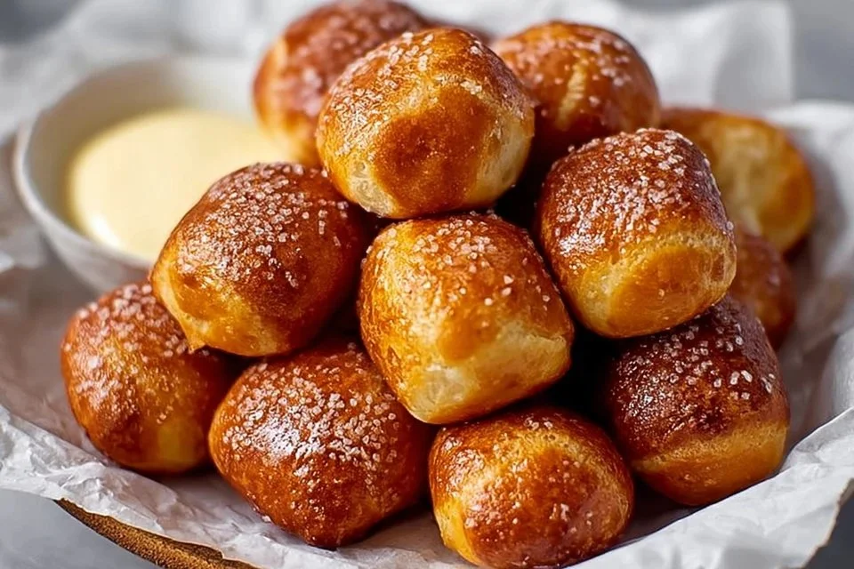 Freshly baked sourdough pretzel bites served with mustard dipping sauce