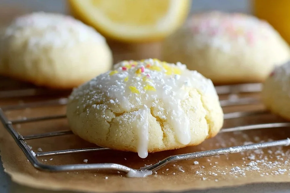 Plate of freshly baked Italian lemon cookies with a lemon zest garnish
