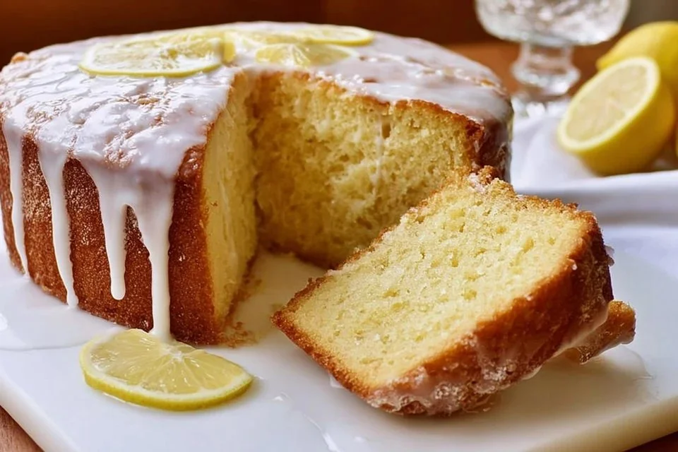 Delicious lemon pound cake slice on a plate with a lemon garnish