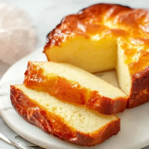 Low calorie Greek Yogurt Cake topped with fresh fruit and drizzled with honey.