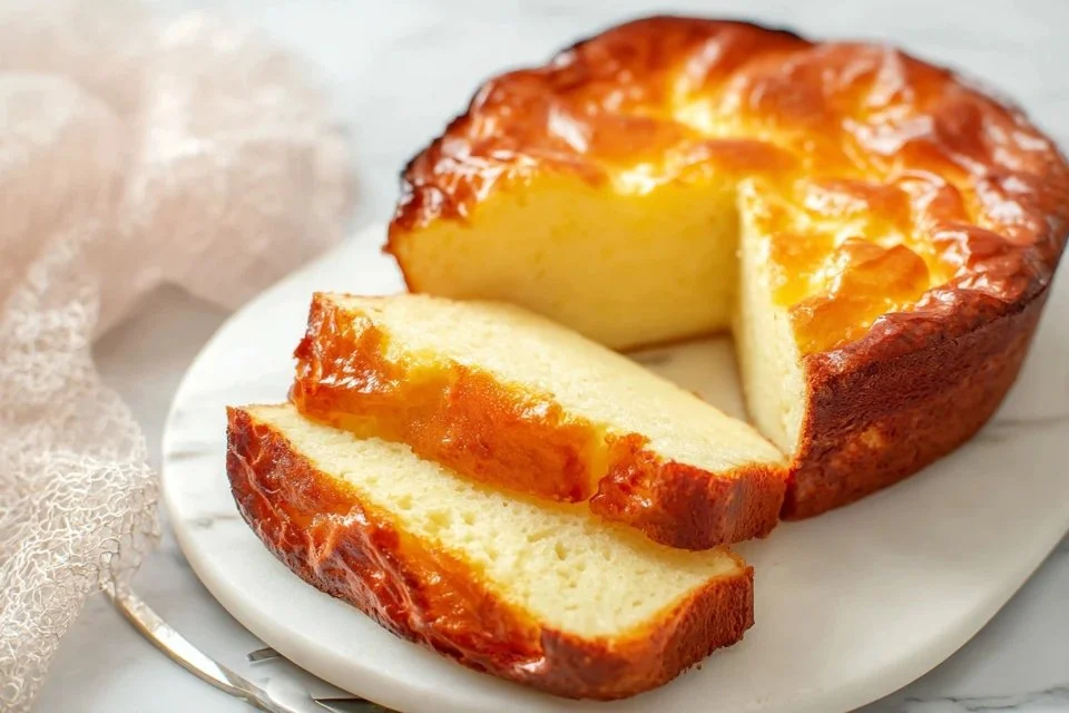 Low calorie Greek Yogurt Cake topped with fresh fruit and drizzled with honey.