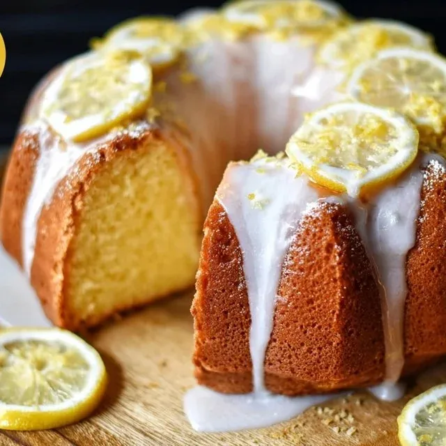 Moist lemon pound cake with a drizzle of lemon glaze on a white plate
