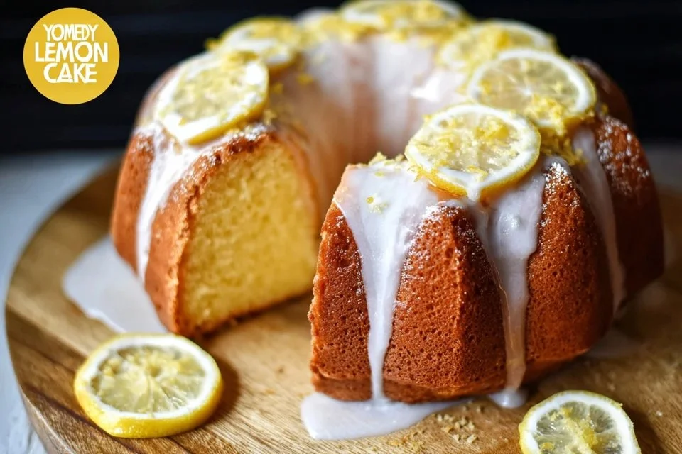 Moist lemon pound cake with a drizzle of lemon glaze on a white plate