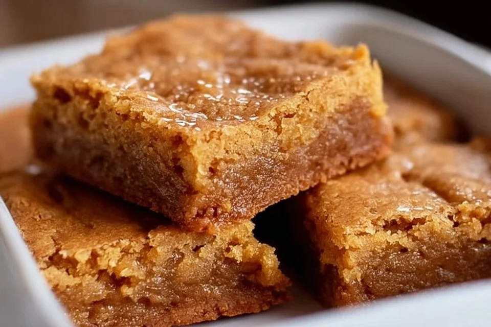 Delicious one-bowl classic blondies fresh out of the oven.