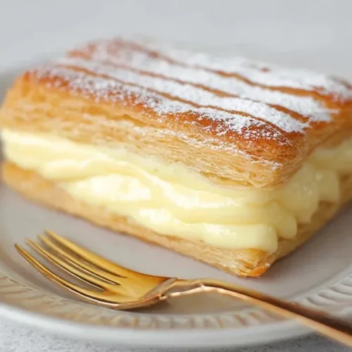 Flaky puff pastry dessert topped with fruit and cream