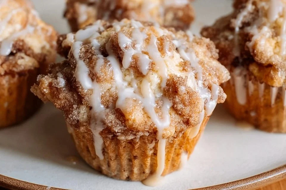 Freshly baked sourdough discard coffee cake muffins on a platter.