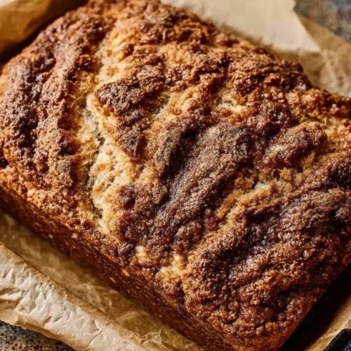 Quick sourdough discard coffee cake with a crunchy topping, served on a wooden table.