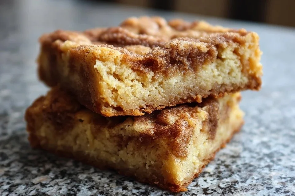 Deliciously chewy snickerdoodle blondies stacked on a plate.