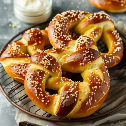 Soft sourdough discard pretzels topped with coarse salt.