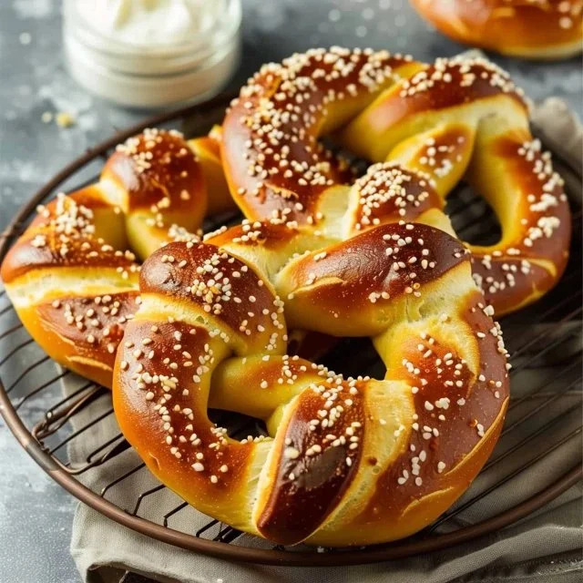 Soft sourdough discard pretzels topped with coarse salt.