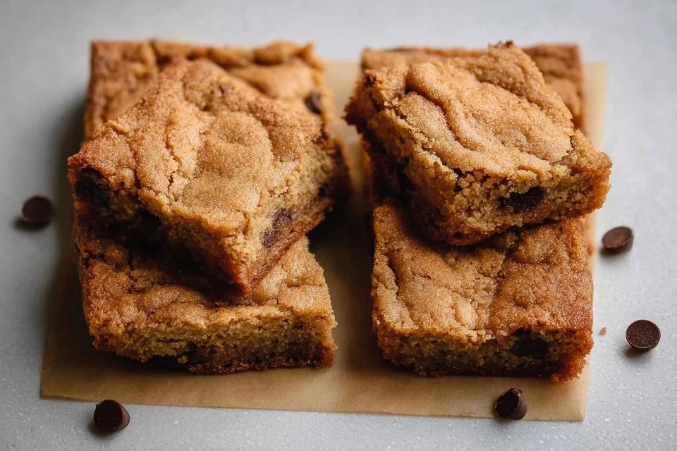 Freshly baked sourdough blondies in a pan, golden and delicious