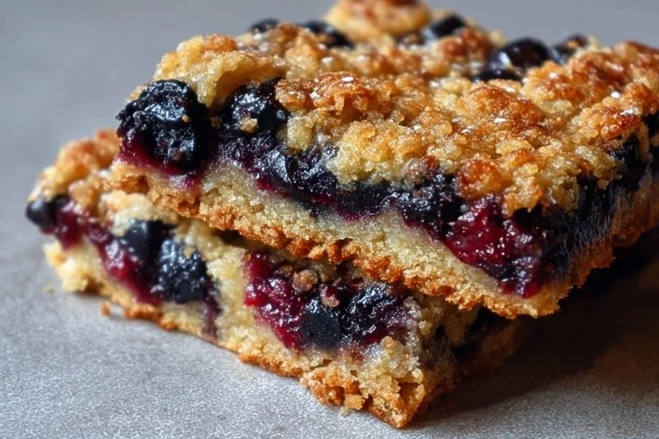 Freshly baked sourdough blueberry breakfast bars on a wooden table
