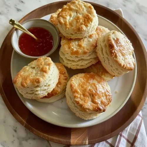 Freshly baked sourdough discard biscuits on a wooden table