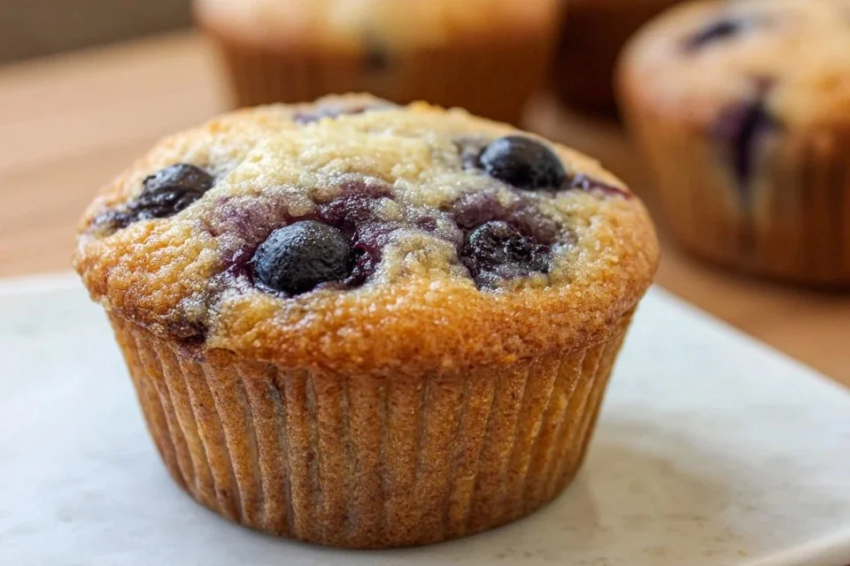 Freshly baked sourdough discard blueberry muffins on a cooling rack