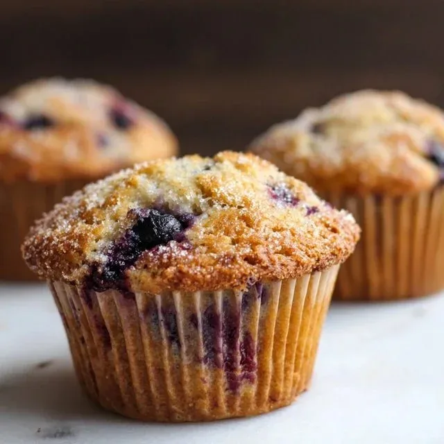 Freshly baked sourdough discard blueberry muffins on a cooling rack