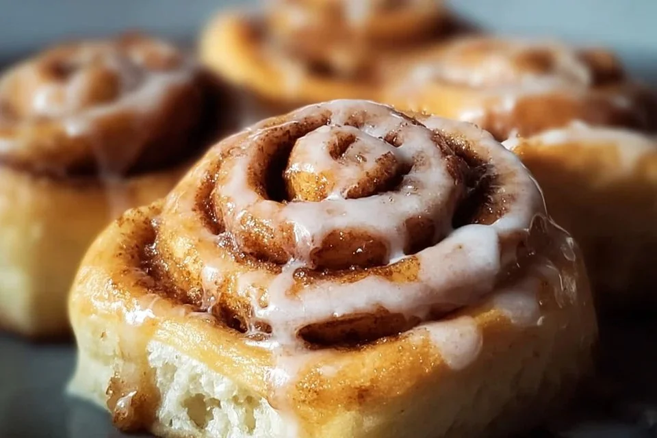 Freshly baked sourdough cinnamon rolls topped with icing