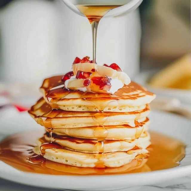 Delicious sourdough pancakes topped with syrup and berries