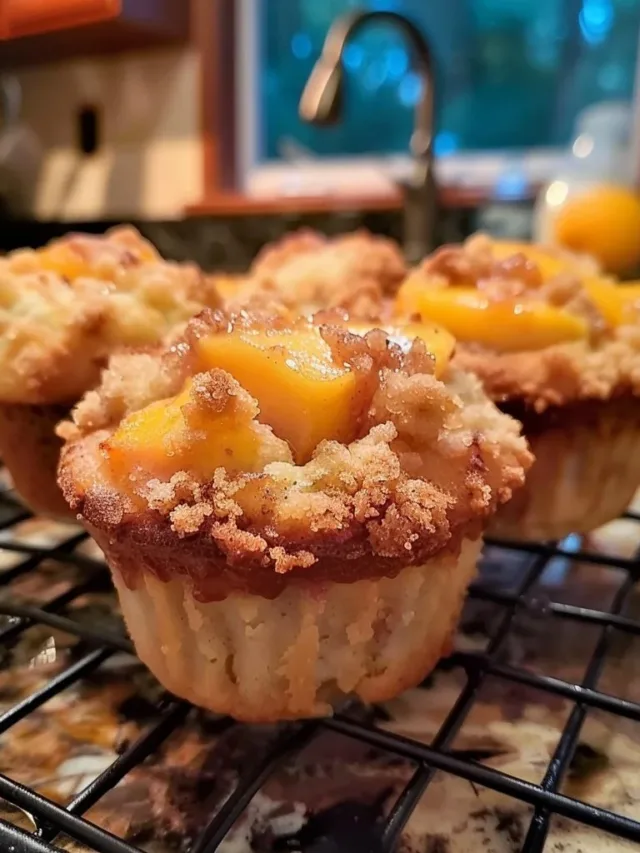 Sourdough discard peach cobbler muffins fresh out of the oven
