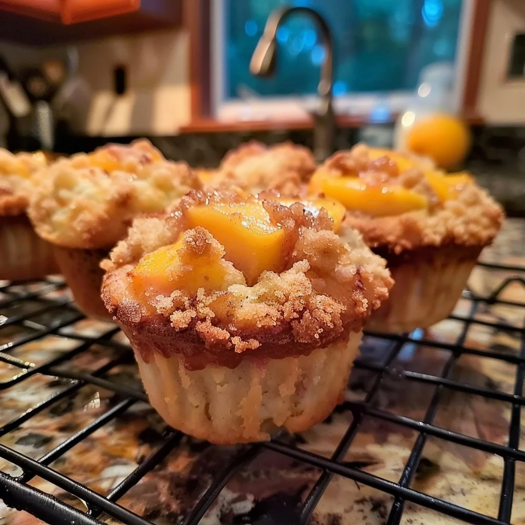 Sourdough discard peach cobbler muffins fresh out of the oven
