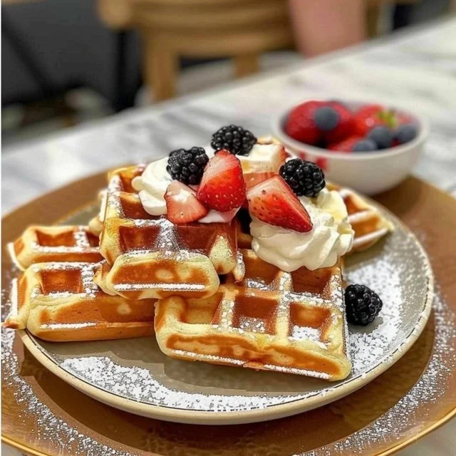 Delicious sourdough discard waffles stacked and drizzled with syrup