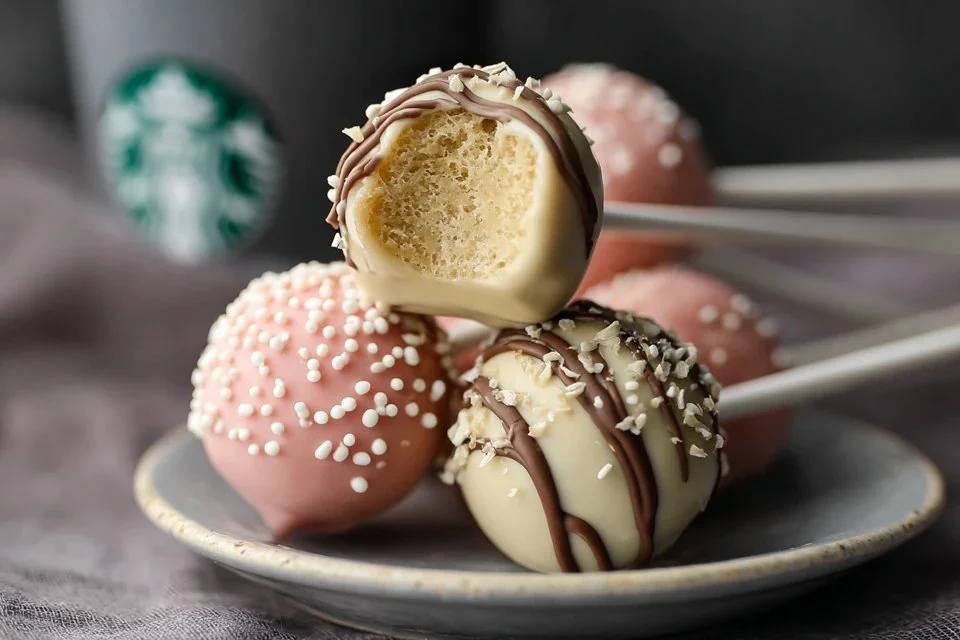 Homemade Starbucks cake pops on a table, colorful and delicious.