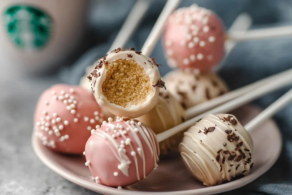 Homemade Starbucks cake pops on a decorative plate