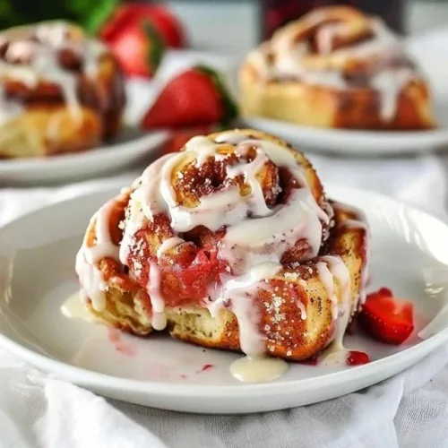 Strawberry cheesecake cinnamon rolls drizzled with cream cheese frosting