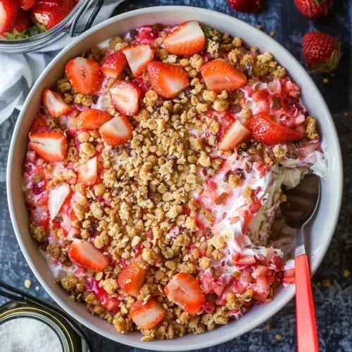 Deliciously layered Strawberry Crunch Poke Cake topped with crunchy strawberry layer