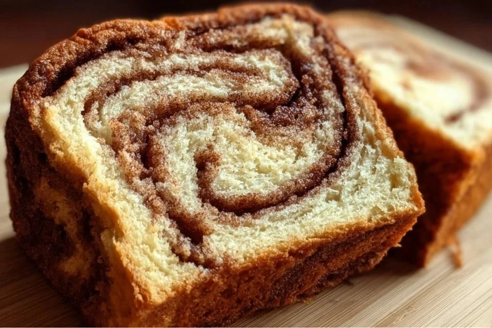 Freshly baked sweet cinnamon swirl bread with a golden crust and rich cinnamon filling.