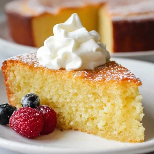Delicious slice of Greek yogurt cake topped with fresh berries