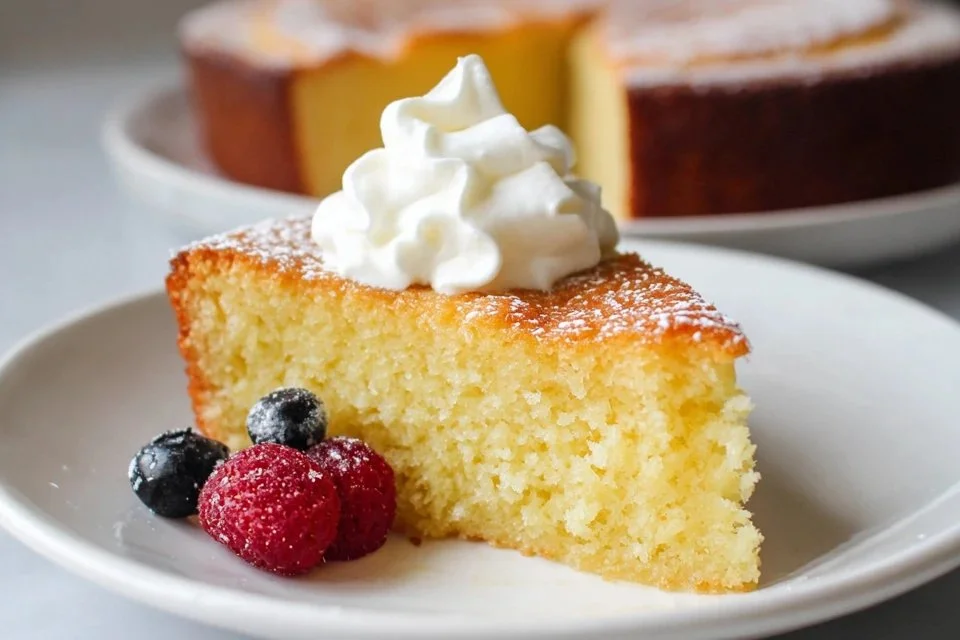 Delicious slice of Greek yogurt cake topped with fresh berries