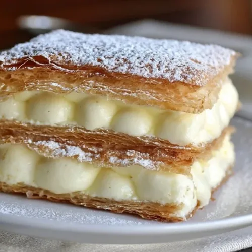 Delicious vanilla custard puff pastry cake with flaky layers and creamy filling.