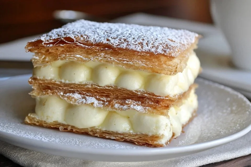 Delicious vanilla custard puff pastry cake with flaky layers and creamy filling.